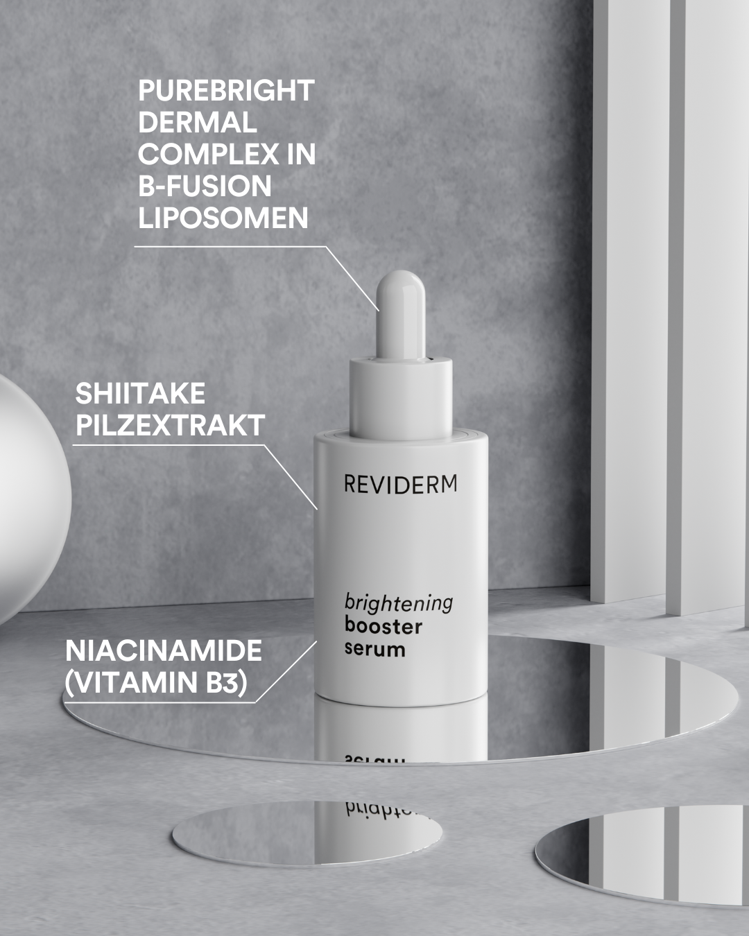 Bild von brightening booster Serum, mit wichtigen Inhaltsstoffen: Niaciamide, Shiitake Pilzextrakt, Purebright Dermal Compley in B-Fusion Liposomen